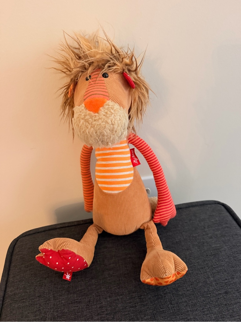 Sigikid Lion Plush 15" Floppy patchwork Corduroy Germany Scharrer & Koch